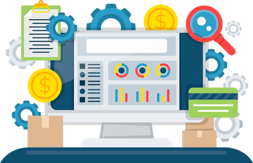 What is QuickBooks integration? Answered by Acctivate Inventory System. Graphic of computer monitor with graphs, gears, coins, boxes to represent Acctivate Inventory System to answer, What is QuickBooks integration?
