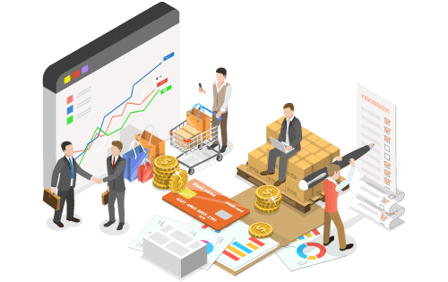 People around elements that represent purchasing management to represent making smart purchasing decisions.