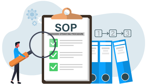 Inventory receiving process best practices including implementing SOPs Person with oversized magnifying glass looking at clipboard of a SOP representing best practices for efficient inventory receiving processes