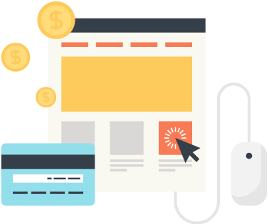 Unified order management integrating orders from eCommerce platforms and online marketplaces eCommerce site webpage with connected mouse and cursor click by money signs and a credit card representing unified order management that includes web orders