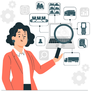 Business visibility gained with centralized inventory and order management software Person showing laptop that has icons around it representing inventory and order management operations to show business visibility is available via centralized inventory and order management software