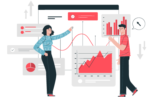 Two people with graphs and charts behind them representing operational growth