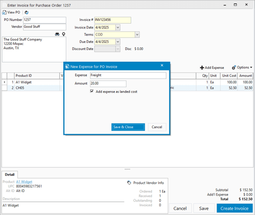 Landed Cost from the Original Purchase Order Vendor Purchase Invoice window in Acctivate with the option to add landed cost